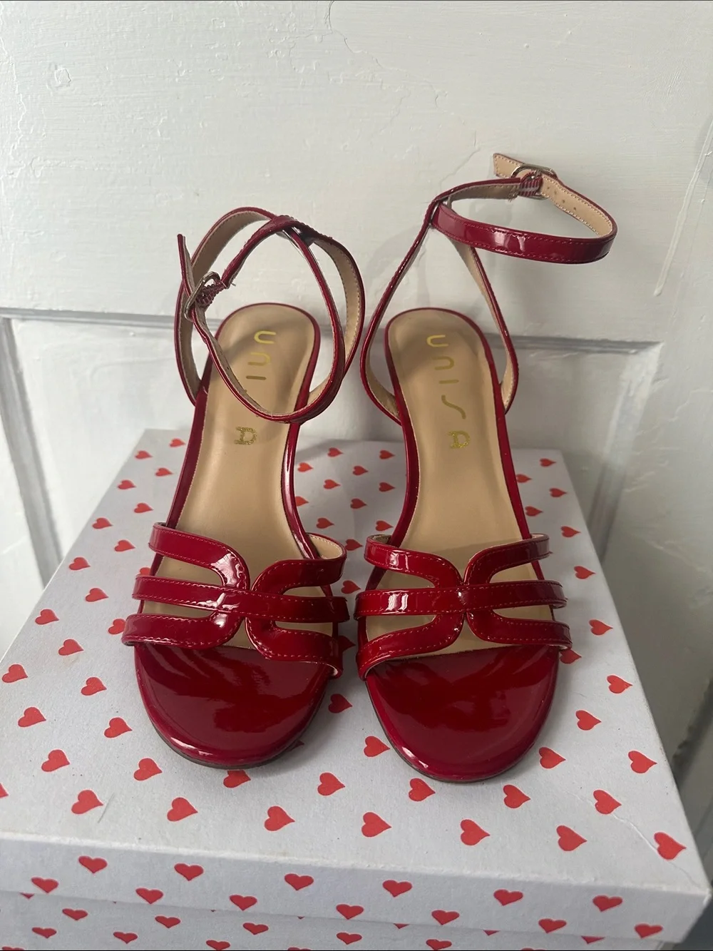 Unisa Red Patent Strappy Ankle-Heel Sandals